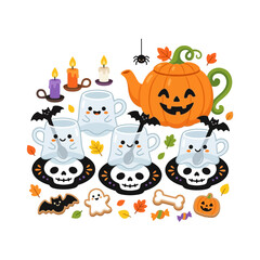 Obraz premium Cute Halloween Characters: Ghost Mugs, Pumpkin Teapot, Spider, Bats, Cookies