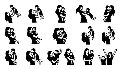 Obraz premium Collection of black silhouettes depicting mothers and children in loving embrace