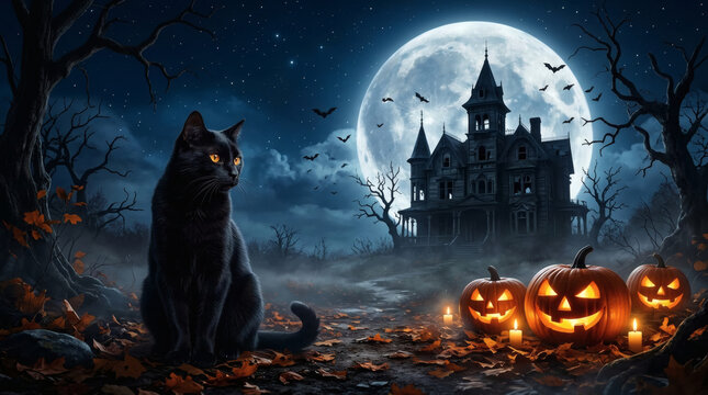 Black Cat and Jack-O'-Lanterns in Front of a Haunted House Under a Full Moon Halloween Night

