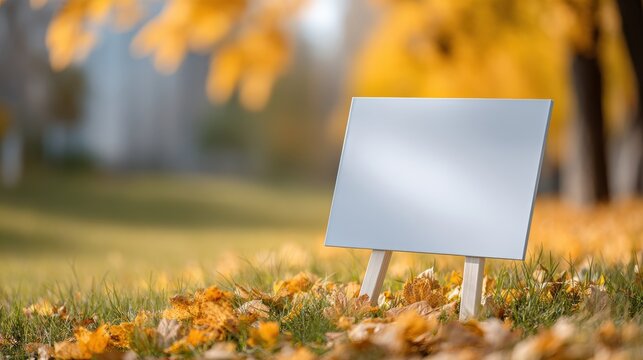 Small blank sidewalk chalkboard sign standing among autumn leaves on city pavement with soft background bokeh, with chalkboard, sign, sidewalk, pavement detail, showing leave, autumn, fall, bokeh