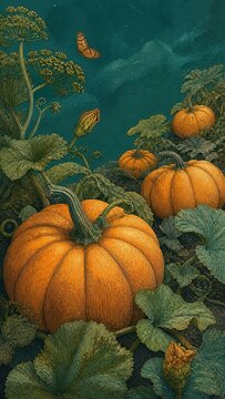 Illustrated pumpkin patch mobile wallpaper with vintage botanical style