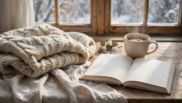 Cozy winter scene with an open book and steaming coffee mug by a window with a knitted sweater