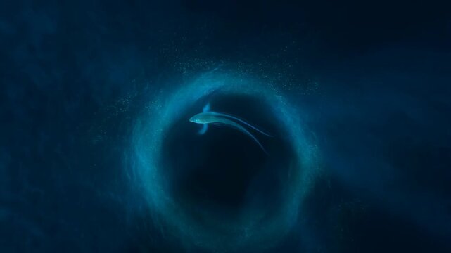 Bioluminescent fish swimming in deep ocean glow with moving through circular video small glowing