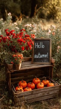 Outdoor autumn display with pumpkins gourds and potted chrysanthemums on wooden pallet under warm backlight, with autumn, pumpkin, gourd, chrysanthemum detail, showing flower, potted, petal, wood