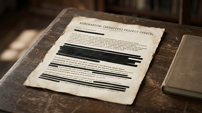 Redacted memorandum project update document on a distressed timber desk