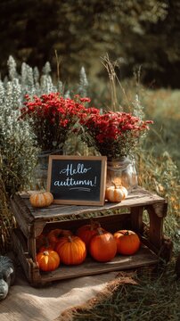 Outdoor autumn display with pumpkins gourds and potted chrysanthemums on wooden pallet under warm backlight, with autumn, pumpkin, gourd, chrysanthemum detail, showing flower, potted, petal, wood