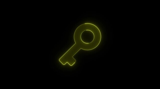 Neon yellow key symbol glowing with steady pulsing light on black background representing security and digital access concepts.
