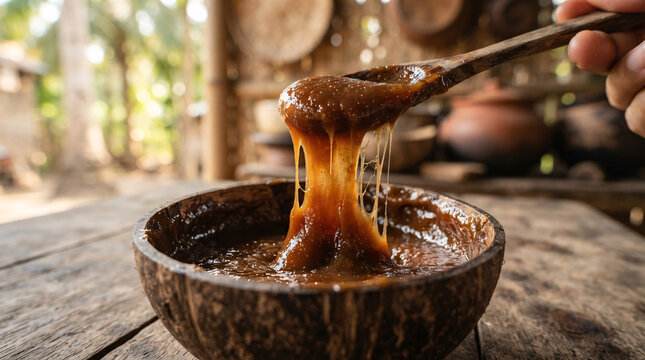 Close-up of traditional Filipino kalamay being lifted with a wooden spoon, highlighting its glossy caramel color and stretchy sticky texture.