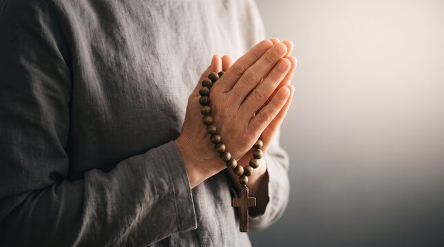 Close-up of male hands clasped in prayer holding a wooden rosary with cross pendant against soft grey background wearing grey linen shirt symbolizing faith devotion and religious