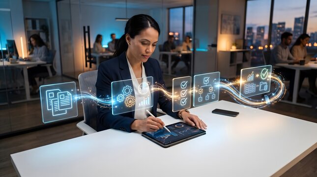 Futuristic digital transformation businesswoman using stylus on tablet, corporate workflow automation interface, holographic data management system