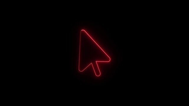 Red glowing computer mouse cursor arrow neon outline flashing against dark black background for digital interface design.