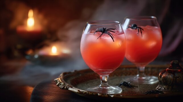 Halloween cocktail with ruby red drink in ornate glass surrounded by skull candlelight and decorative spiders, with cocktail, drink, glass, ice detail, showing crushedice, red, ruby, tray context