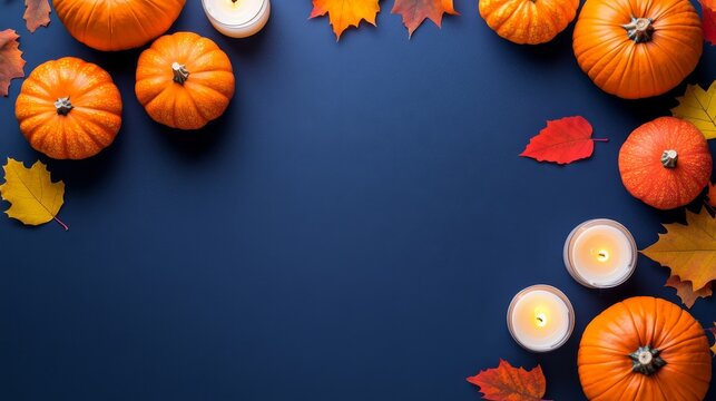 Pumpkins arranged in a circle with candles and autumn leaves
