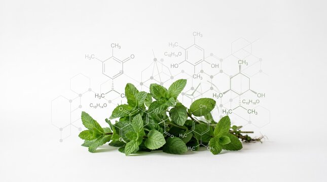 Fresh green mint leaves with transparent chemical molecular structures and formulas overlay, representing natural ingredients in cosmetics, herbal medicine, aromatherapy, organic