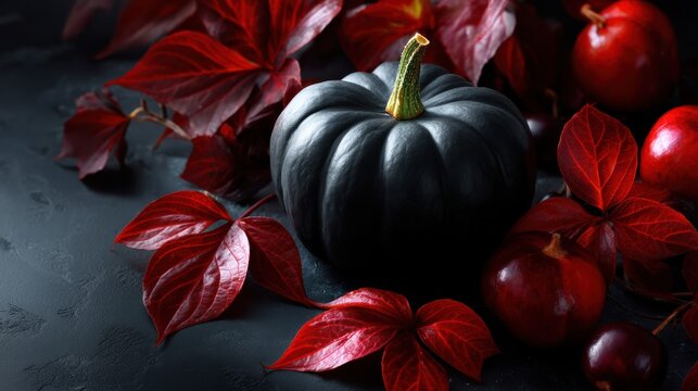 Matte black pumpkin surrounded by deep red autumn leaves and glossy red apples on dark tabletop for moody seasonal display, with pumpkin, black, matte, leaf detail