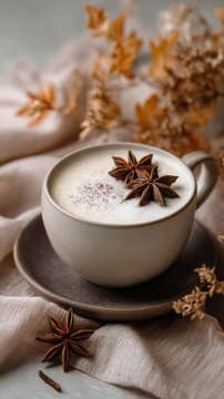 Close-up creamy chai latte with star anise and cinnamon on cozy fabric in autumn setting, with chai, latte, coffee, cup detail, showing foam, star, anise, cinnamon context