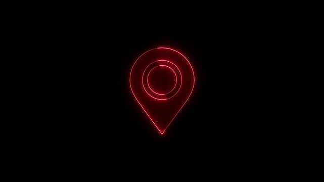 Red neon location pointer glows on black background in dynamic motion design animation representing GPS navigation clip.