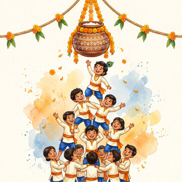 Group of children forming a human pyramid to break a dahi handi pot with krishna janmash