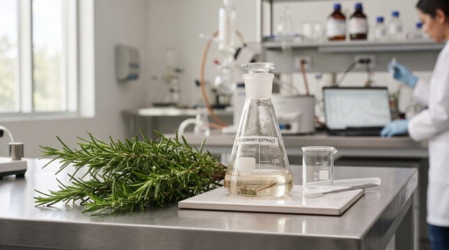 Fresh Rosemary Sprigs and Erlenmeyer Flask with Plant Extract on Stainless Steel Lab Bench