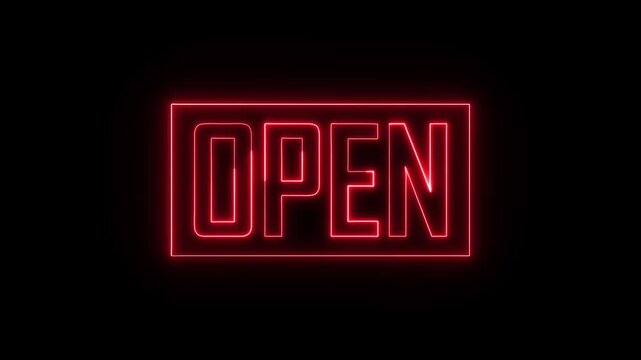 Red neon open sign animation glowing on black background for store promotion commercial business storefront marketing clip.