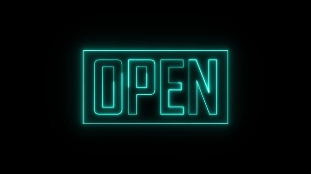Neon open sign animation with cyan glow on black background depicting business start and welcoming motion graphics clip.