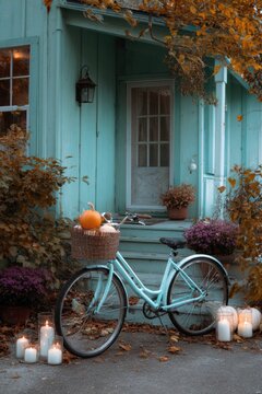Retro turquoise bicycle with pumpkin basket parked by mint green house entrance under autumn foliage, with bicycle, bike, turquoise, mint detail, showing pumpkin, basket, woven, porch context