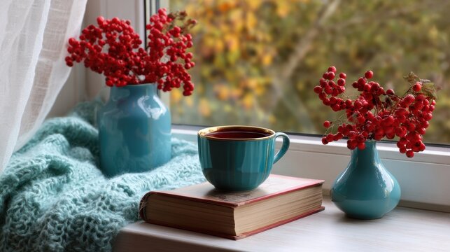 Cozy window still life with tea cup open book knit blanket and red berry bouquet on wooden sill, with tea, cup, book, openbook detail, showing blanket, knit, vase, berry context