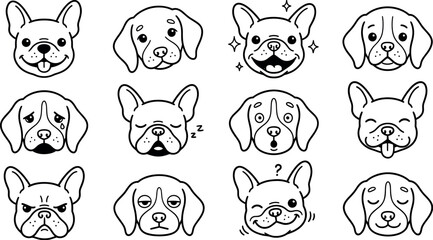 Fototapeta premium Cute Dogs Vector Set Collection with Cartoon Pet Faces, Funny Animal Characters, Puppy Icons and Adorable Mammal Illustrations