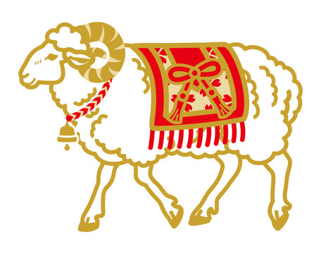 衣装を着けた羊 未年の年賀状素材　ツノあり 歩く 全身