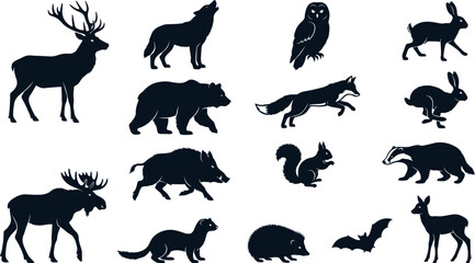 Fototapeta premium Deer Silhouettes Set, Wild Animal Silhouette Collection with Deer, Dog, Cat, Horse, Bear, Wolf, Bird, Fish and Other Mammal Vector Icons on White Background