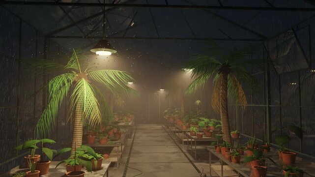 Rainy Greenhouse at Night with Warm Lights and Fogged Glass. Seamless Loop