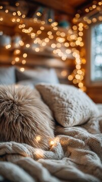 Cozy bedroom scene with chunky knit blanket and textured cushions bathed in warm bedside light creating hygge atmosphere, with blanket, knit, chunky, pompom detail