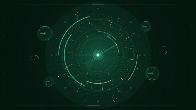 Green digital HUD clock interface with rotating circular radar dials
