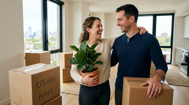 Happy Couple Moving into New Home, Holding Plant and Boxes