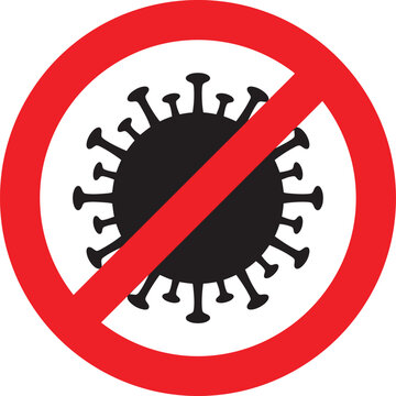 A red prohibition sign with a black virus icon representing stop coronavirus pandemic.