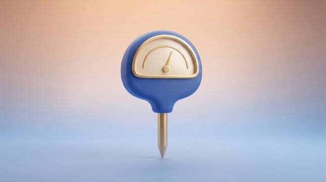 3D render of a blue circular gauge icon with a golden needle pointing up on a soft gradient