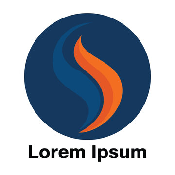 Abstract logo design with orange and blue flame shape on dark blue background