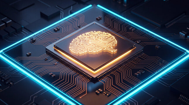 Glowing artificial brain integrated circuit, futuristic AI processor with neon blue light, digital illustration of technology and machine learning concept