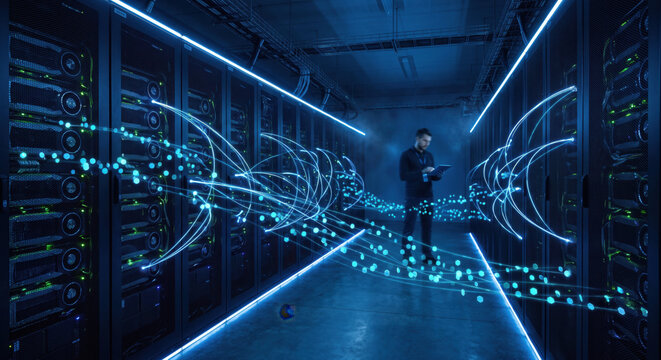 Data center corridor: distributed training for LLMs; tensor parallelism, model sharding, KV cache optimize throughput and latency.