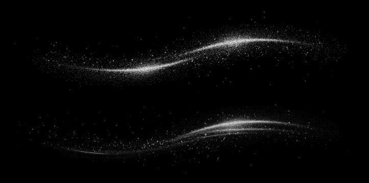 Silver glitter wave trail with glowing stardust particles. Abstract sparkling dust swoosh isolated PNG overlay