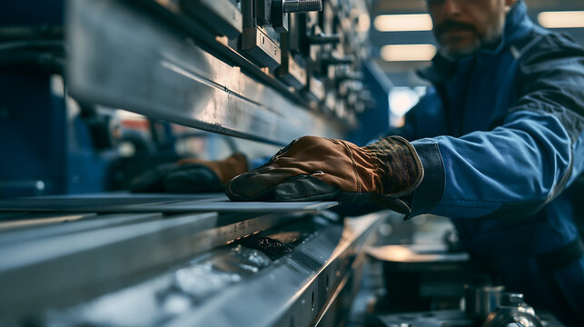 Metal sheet bending machine and factory worker showcasing precision metal fabrication, press brake operation and sheet metal forming, representing industrial manufacturing and heavy technology
