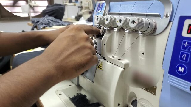 Close Up Serger Machine Overlocking Edge of Fabric in Textile Factory
Close up of high speed industrial overlock machine running and overlocking fabric in ready made garment factory.