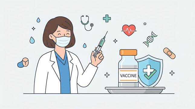 Female Doctor Holding Medical Syringe with Vaccine Vial and Healthcare Icons in Flat Vector Illustration Design