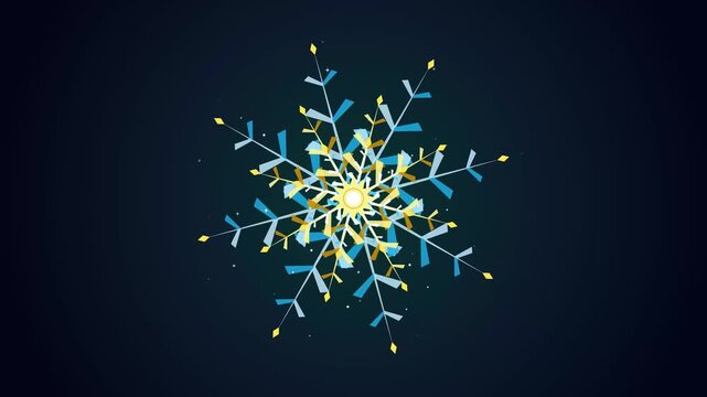 Glowing Geometric Golden Snowflake on Dark Blue Background with Diamond Accents