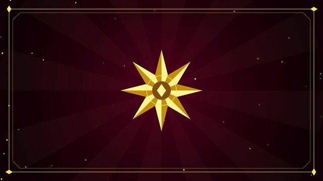 Shining Golden Christmas Star on Red Sunburst Background with Decorative Frame and Glitter