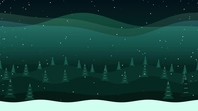 Flat Vector Winter Night Landscape with Pine Trees and Falling Snow