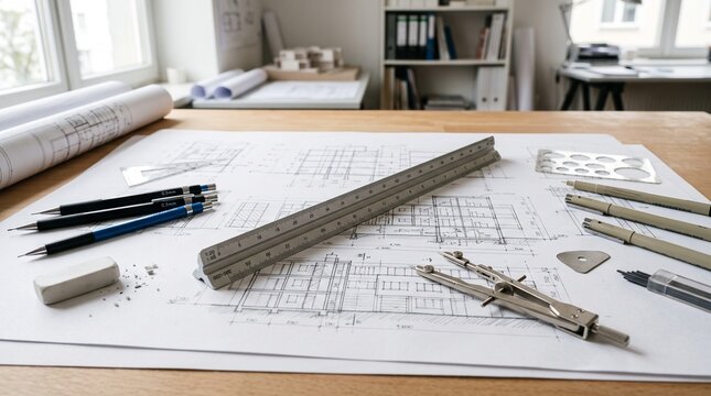 Professional architectural blueprints and drafting tools on wooden desk in design office.