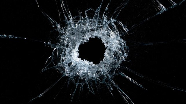 Broken glass texture with a bullet hole impact on black background.