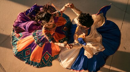 Fototapeta premium High angle view of a couple dancing in traditional indian attire
