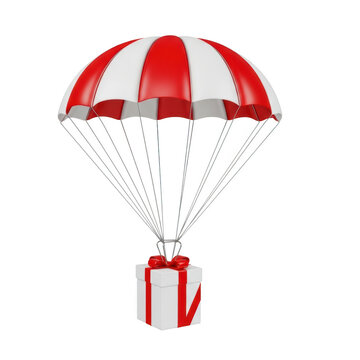 Gift box with red ribbon attached to parachute falling down from upper altitude.